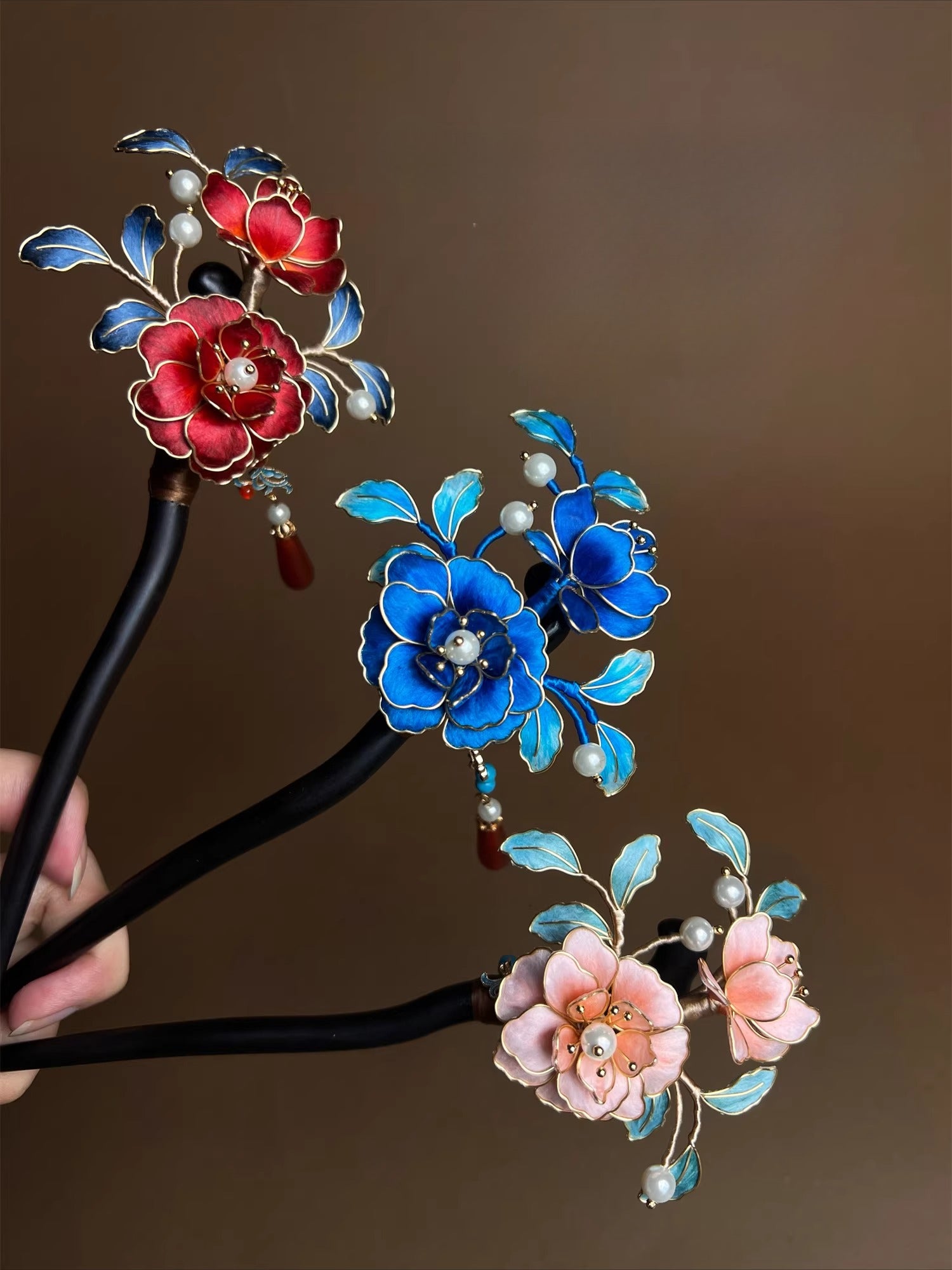 Intangible Cultural Heritage Handmade Silk Edelweiss Pink Red Blue Hairpin Hairpin Hanfu Bridal Hair Accessories Imitation Diancui Wedding - AuraKin
