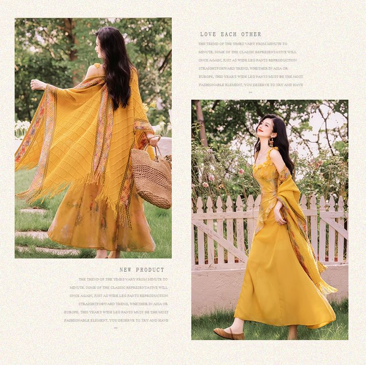 Sicilian Lemon Vacation Yarn Yellow Dress Set Fairy Long Skirt + Shawl Temperament Celebrity Lady middle - AuraKin