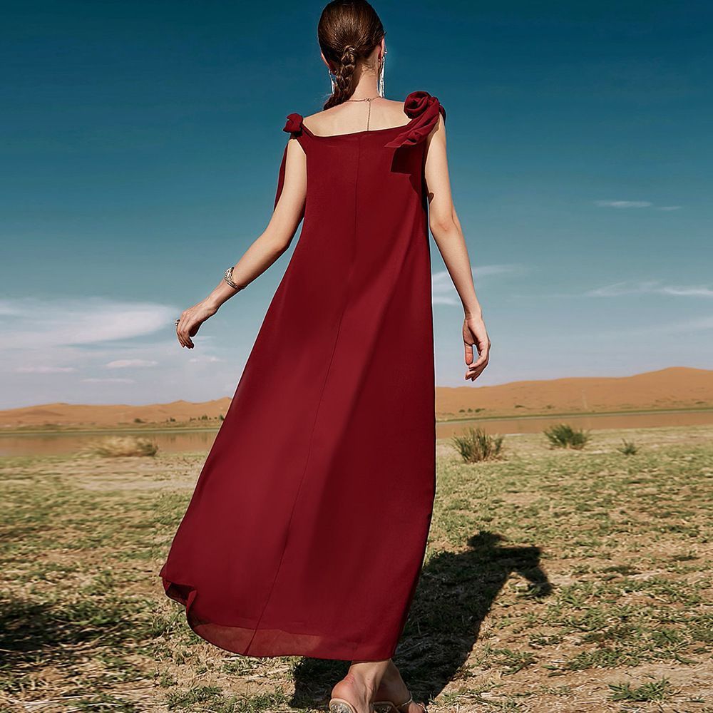 New celebrity banquet dress one-word collar dress summer women's Dubai dress burgundy hand-sewn diamond robe - AuraKin