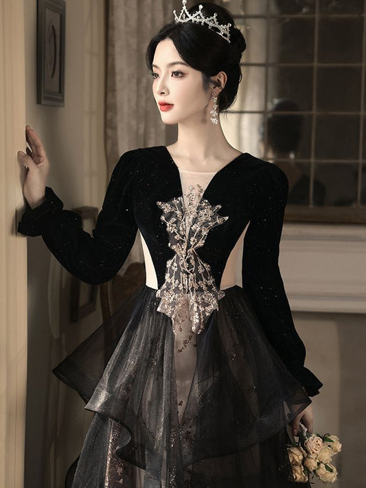 New Year's Black Evening Dress French Banquet Premium Sense Light Luxury Niche High-end Dinner Annual Meeting Host Bar Mitzvah middle - AuraKin