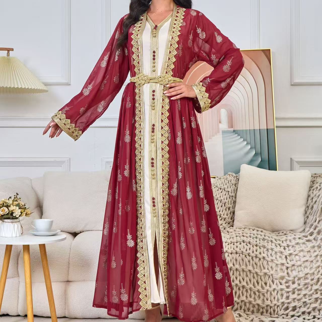 Large Size Women's Robe Embroidered Cardigan Dubai Middle East Two-piece Dress V-Neck European and American Long Sleeve Bohemia - AuraKin