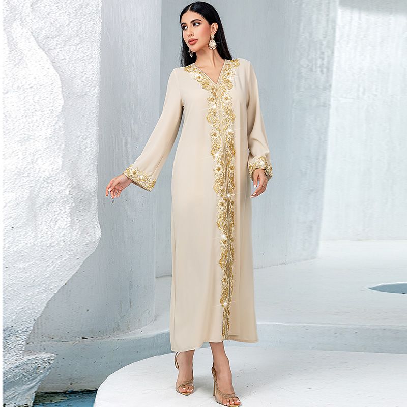 New Dubai women's clothing apricot V-neck A-shaped skirt banquet dress skirt Arabian lace rice bead embroidered super robe middle - AuraKin