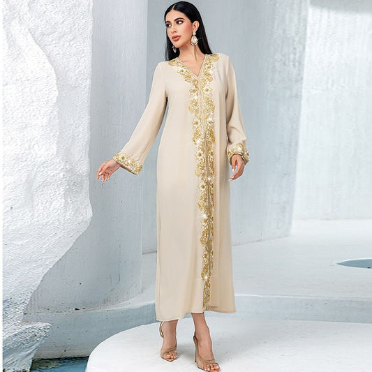 New Dubai women's clothing apricot V-neck A-shaped skirt banquet dress skirt Arabian lace rice bead embroidered super robe middle - AuraKin