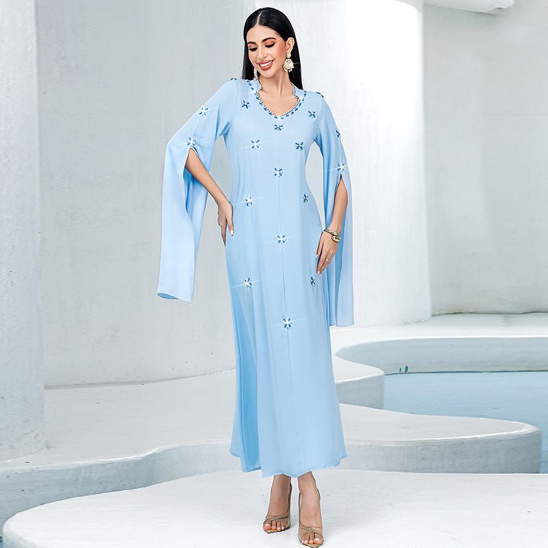 Turkey Dubai Women's Super Long Sleeve V-Neck Dress Fashion Celebrity Arabian Dress Sewn Rhinestone Long Dress middle - AuraKin