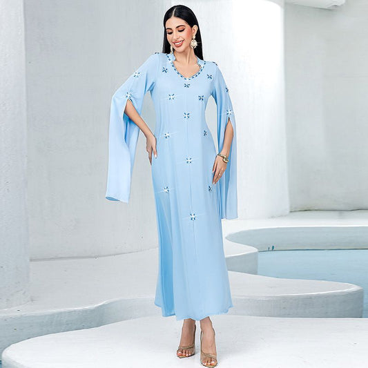 Turkey Dubai Women's Super Long Sleeve V-Neck Dress Fashion Celebrity Arabian Dress Sewn Rhinestone Long Dress middle - AuraKin