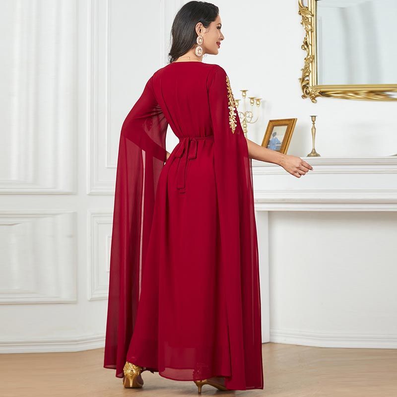 Middle East Dubai Party Dress Red Temperament Fashion Split Sleeve Dress Ethnic Bead Piece Embroidered Robe - AuraKin