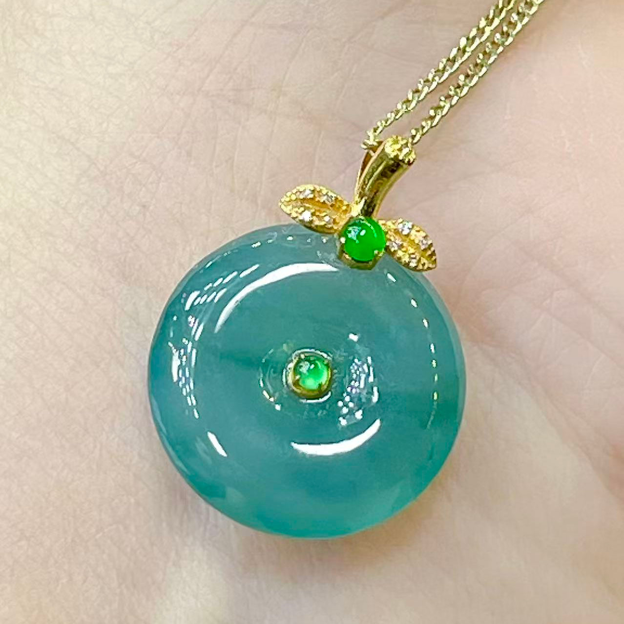 Lake Blue Ping An Kou ,18K Gold with Green Jade Inlay,Safety Buckle Peace & Perfection