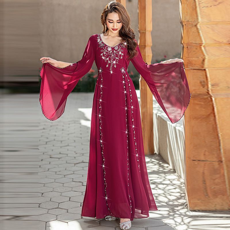 Middle East Dubai Ladies Handmade Beaded Dress Summer Dress Burgundy V-Neck Celebrity Dress Arabian Robe - AuraKin