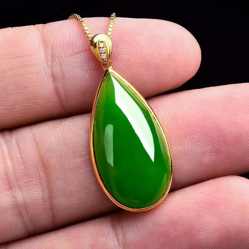 Jade cute 18K yellow gold inlaid jade pendant female water drop genuine Hetian jade jasper spinach green necklace jade pendant DZ032 - AuraKin