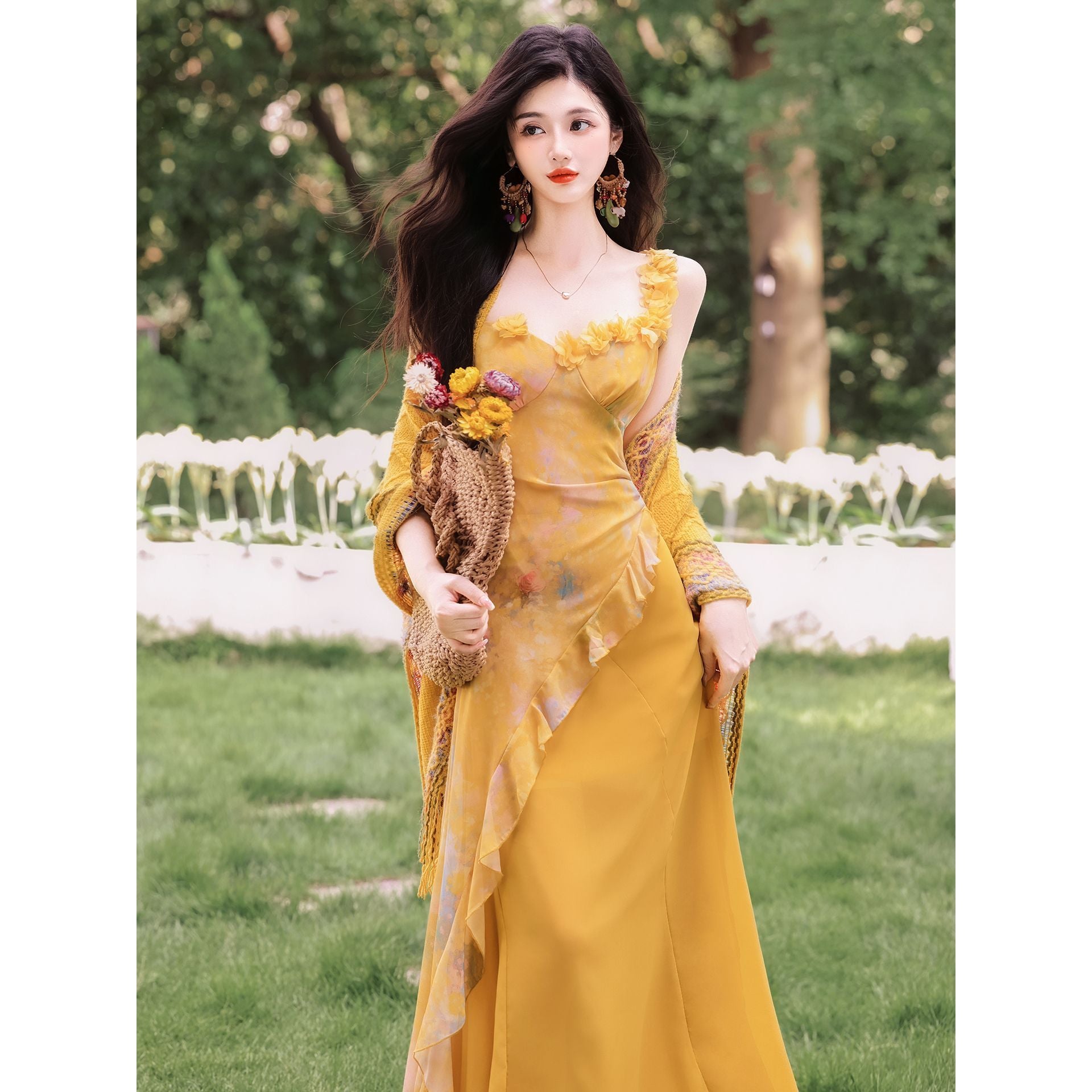 Sicilian Lemon Vacation Yarn Yellow Dress Set Fairy Long Skirt + Shawl Temperament Celebrity Lady middle - AuraKin