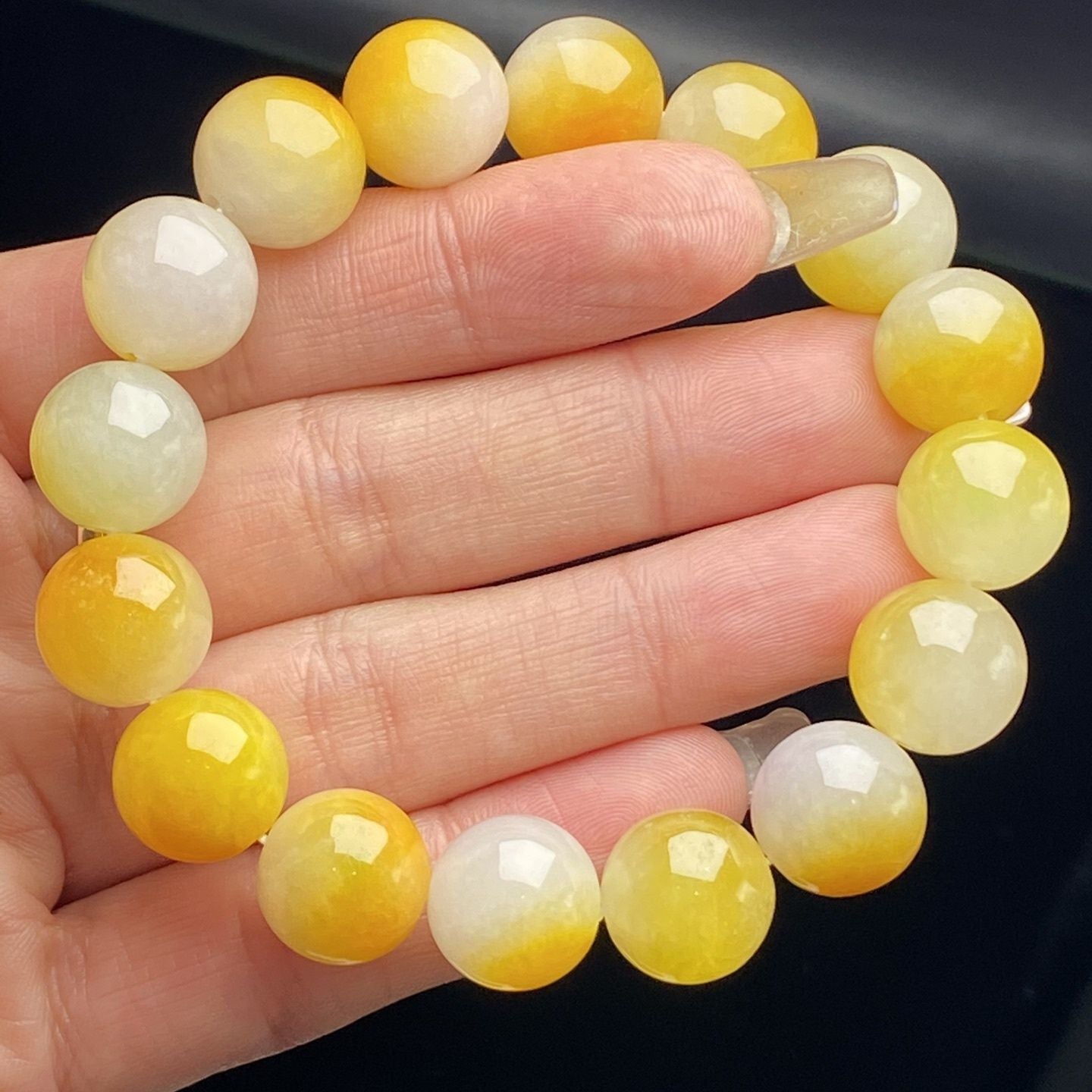 Myanmar Jadeite Bracelets - Natural Laokeng Ice Glutinous Full Color White Ice Yellow Jade 13mm Round Beads for Men and Women - AuraKin