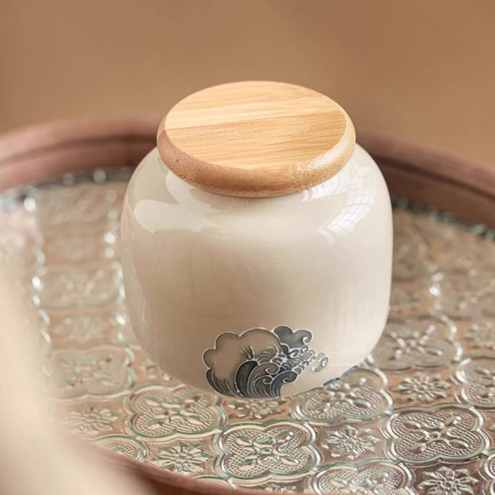 Extremely plain stacked carved wave tea can Small portable tea storage tank Moisture-proof sealed jar Hand-painted ceramic tea can - AuraKin