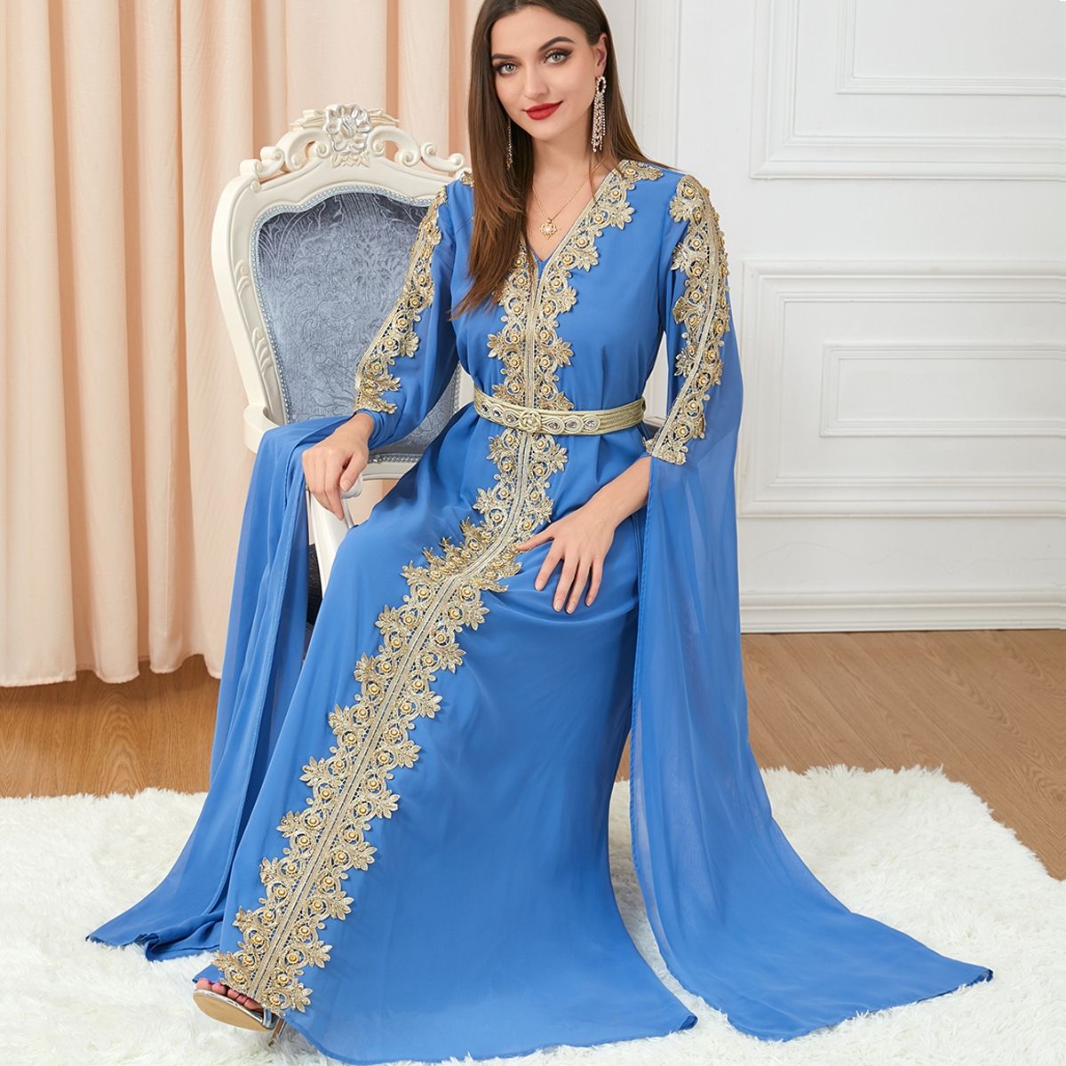 New Middle East Dubai women's clothing splicing super long-sleeved autumn women's clothing abaya dress dress [Shipped within 15 days] - AuraKin