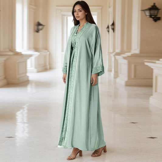 Malaysia Dubai Handmade Rice Bead Dress V-Neck Ethnic Robe Two-piece Turkish Printed Holiday Robe middle - AuraKin