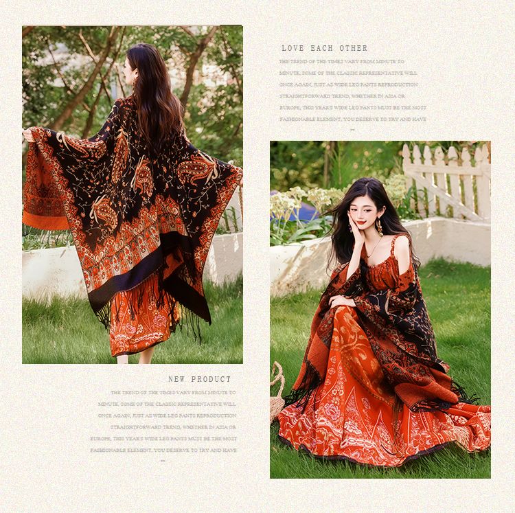 Literary retro ethnic style skirt set shawl + three-dimensional skirt 2025 autumn new middle - AuraKin