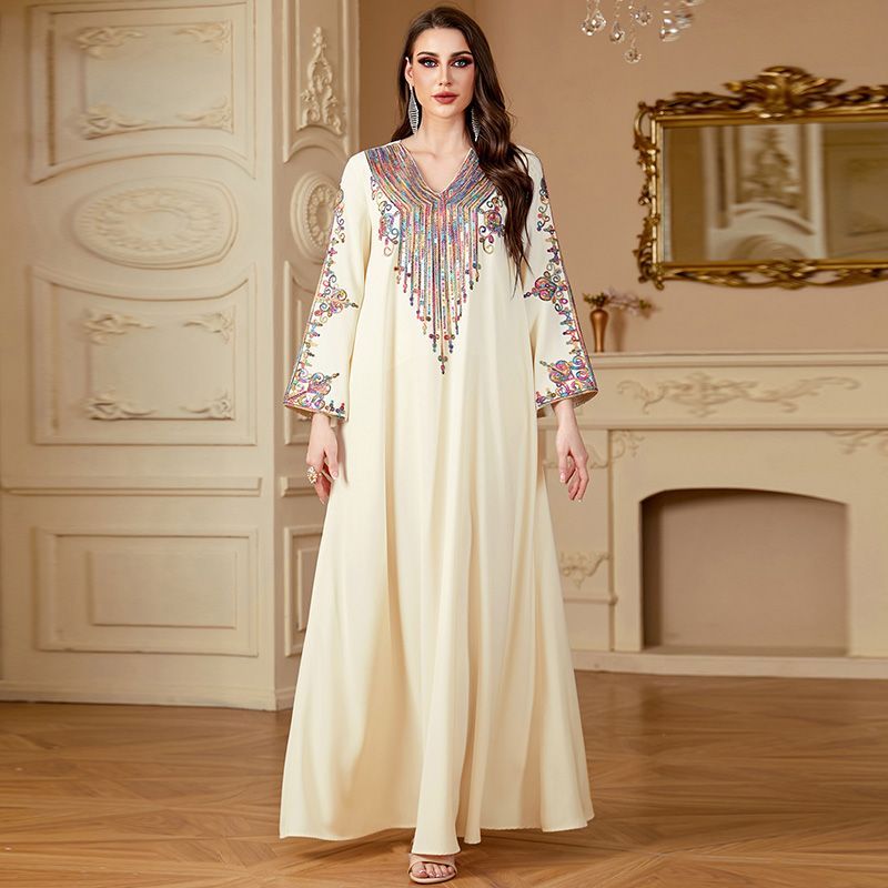 Malaysian women's rope embroidery loose fashion Dubai style long dress summer apricot V-neck long-sleeved robe middle - AuraKin