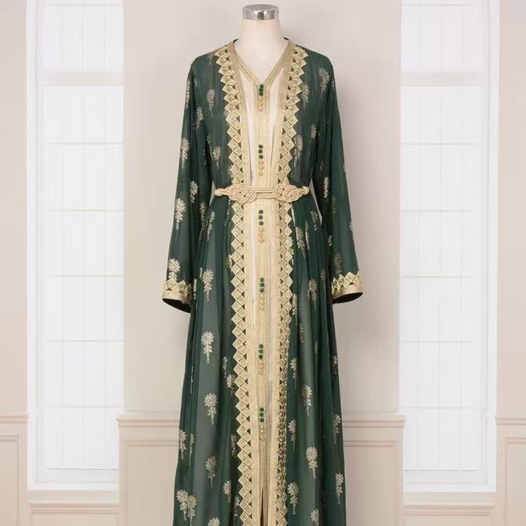Large Size Women's Robe Embroidered Cardigan Dubai Middle East Two-piece Dress V-Neck European and American Long Sleeve Bohemia - AuraKin