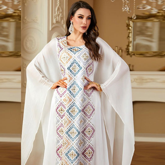 2025 Summer Dubai Style Women's White Robe Bat Sleeve Crew Neck Temperament Elegant Dress Malay Sequins Embroidered Robe middle - AuraKin