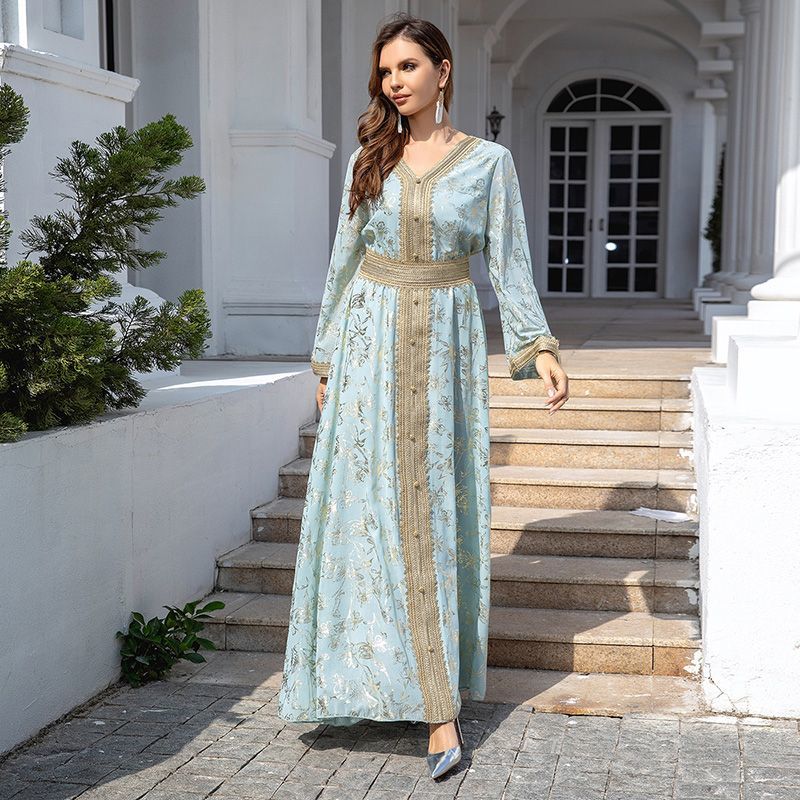 Middle East Dubai dress V-neck bottom grab flower bronzing ethnic style women's clothing thin loose Egyptian women's robe - AuraKin