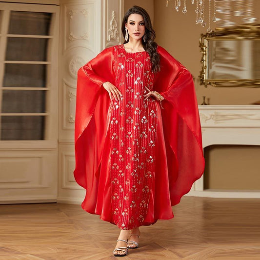 Dubai style banquet red dress dress fat girl bat sleeve long dress Xinjiang heavy industry embroidered robe middle - AuraKin
