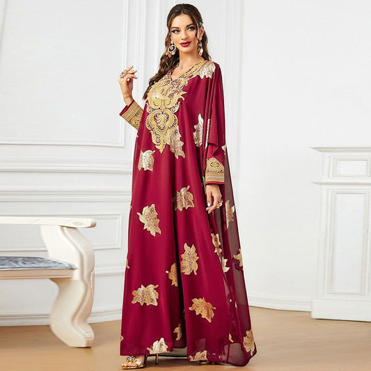 New Arab Dubai luxury bronzing robe two-piece set V-neck bat sleeve long dress ethnic long dress middle - AuraKin
