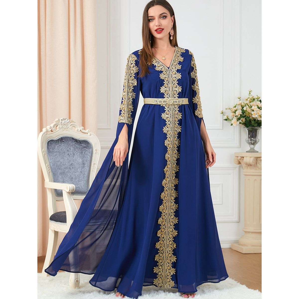 New Middle East Dubai women's clothing splicing super long-sleeved autumn women's clothing abaya dress dress [Shipped within 15 days] - AuraKin