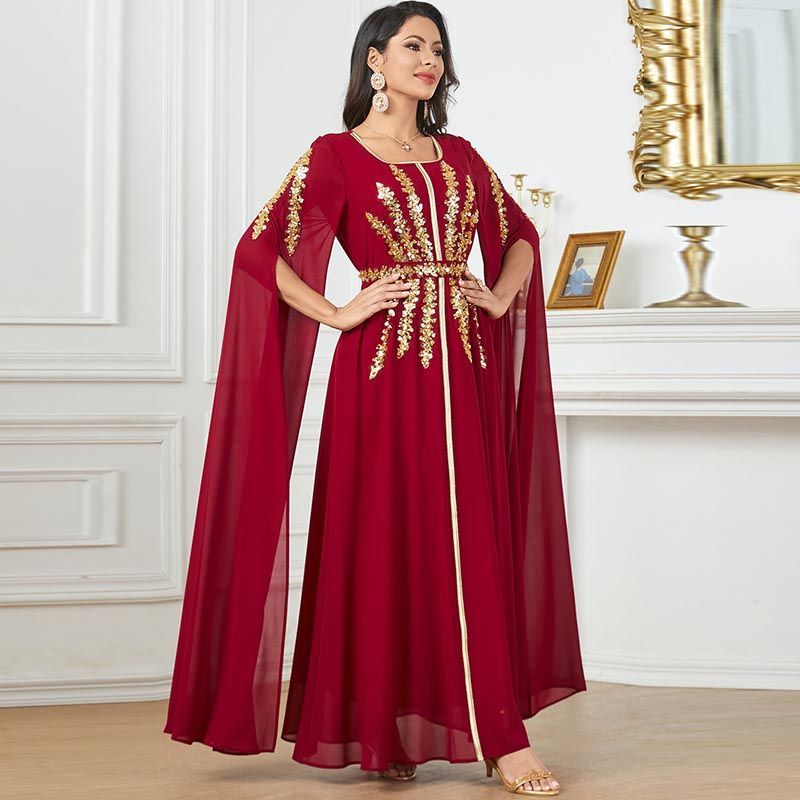 Middle East Dubai Party Dress Red Temperament Fashion Split Sleeve Dress Ethnic Bead Piece Embroidered Robe - AuraKin