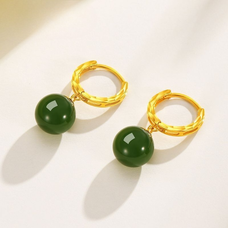 Aurakin gold 18K gold Hetian jade jasper pearl earrings, simple and comfortable to wear, Mid-Autumn Festival gift for girlfriend - AuraKin