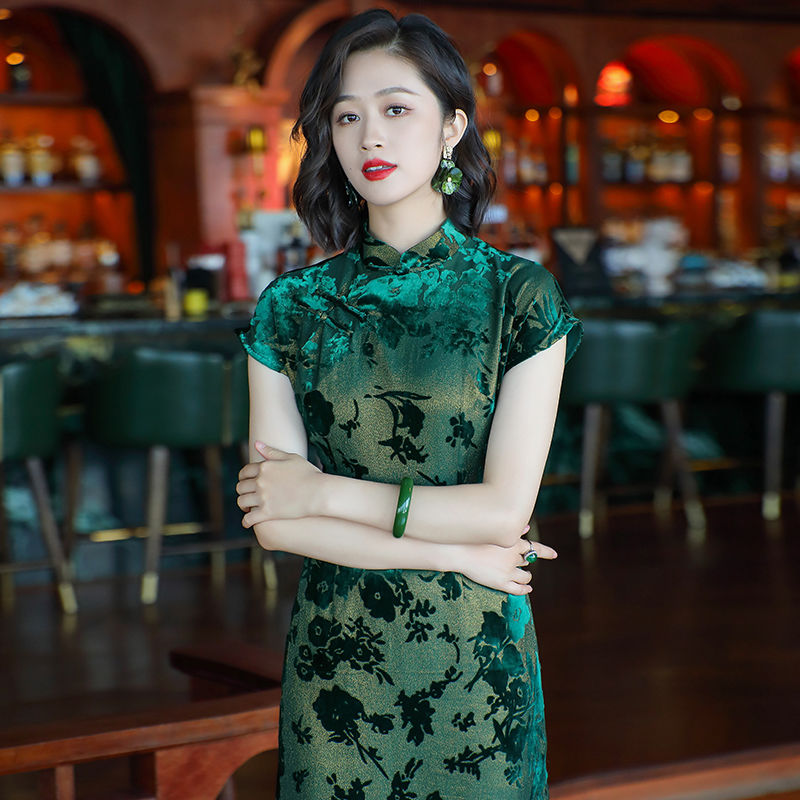 Emperor green elegant temperament cheongsam new retro Chinese style daily improvement mother dress 24287