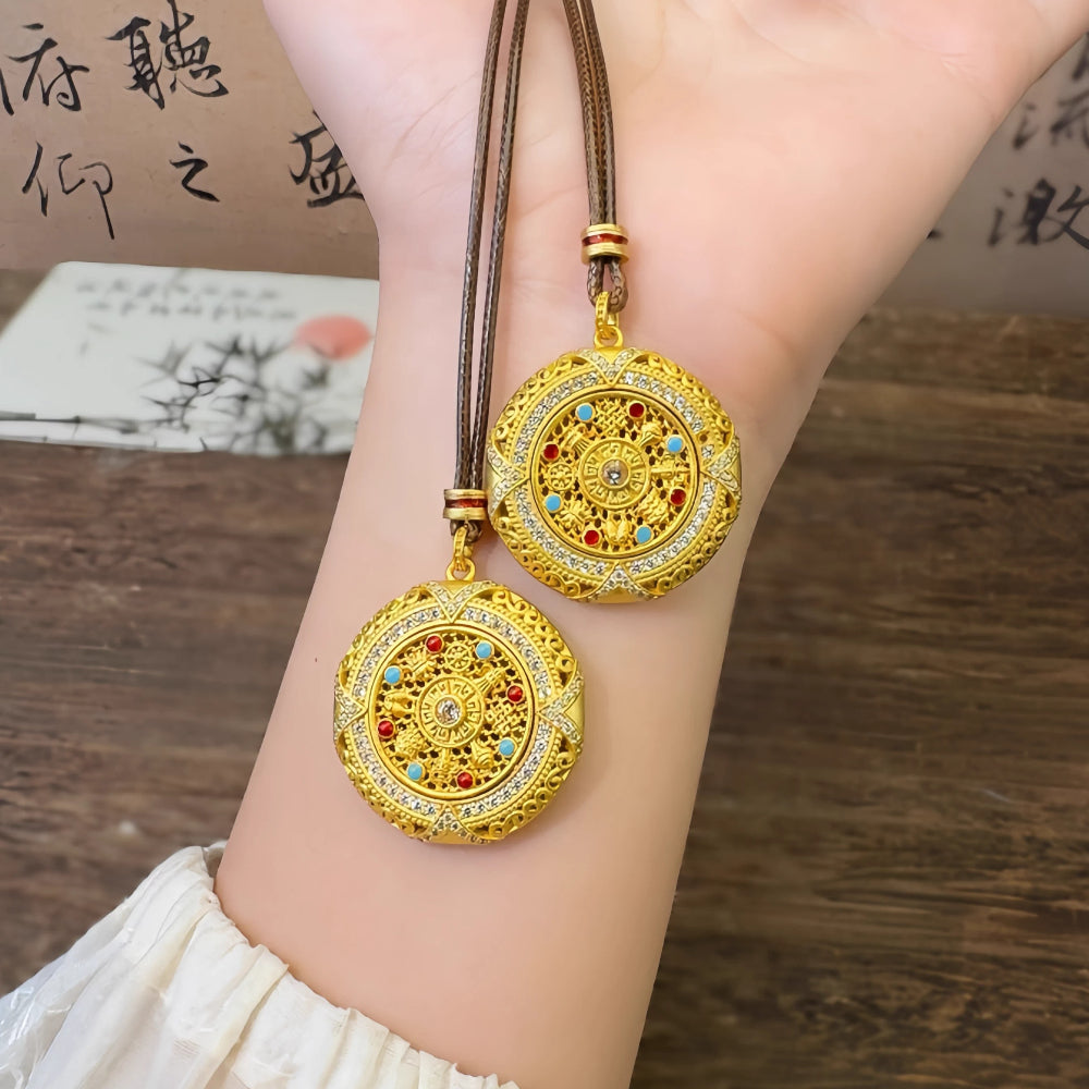 AuraKin Silver Enamel Necklace Fu Wheel