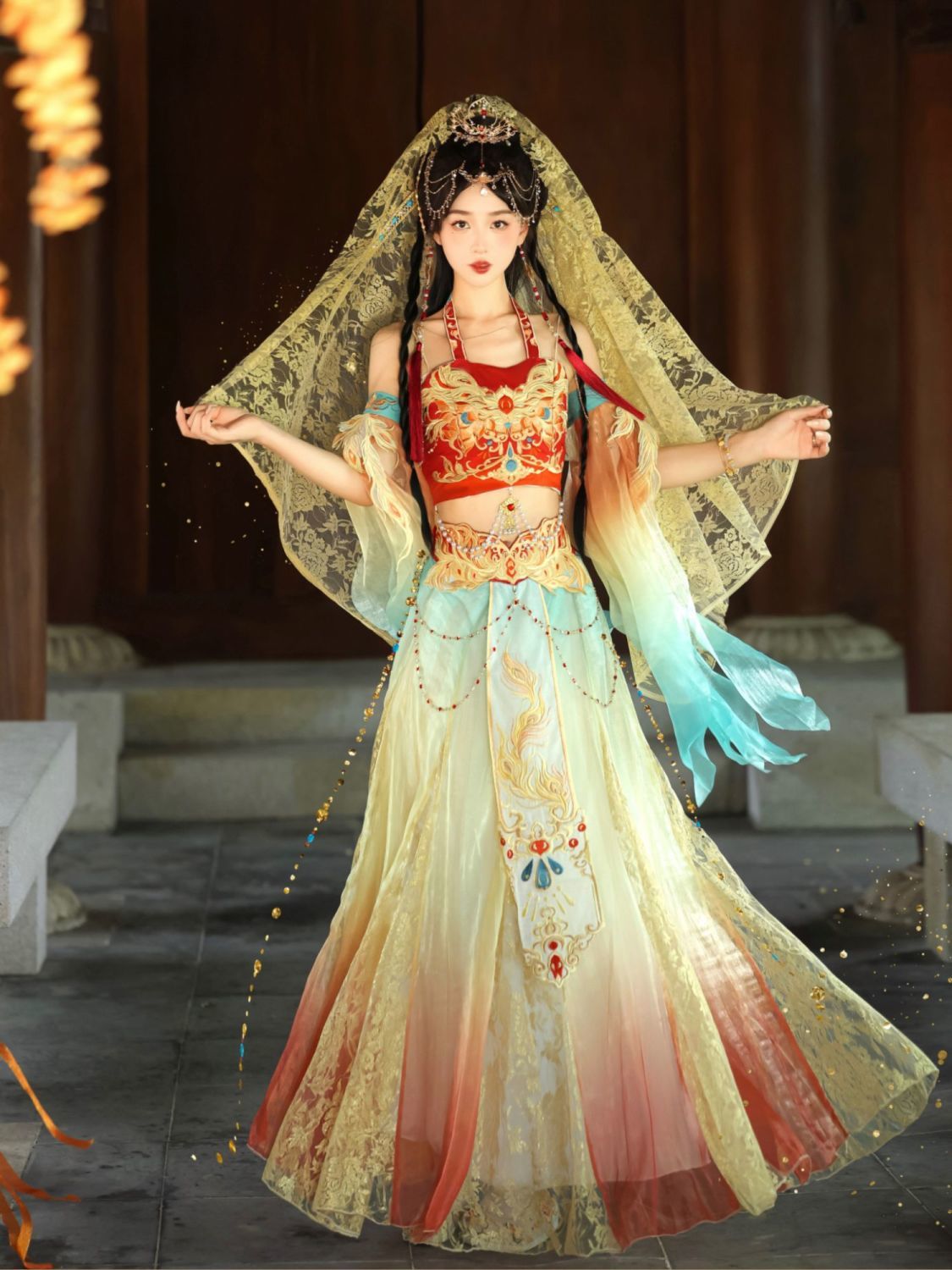 Muhua Original [Princess of the Western Regions] Hanfu Female Improved Exotic Wind Embroidery Tang Dunhuang Feitian Broken Skirt Set - AuraKin