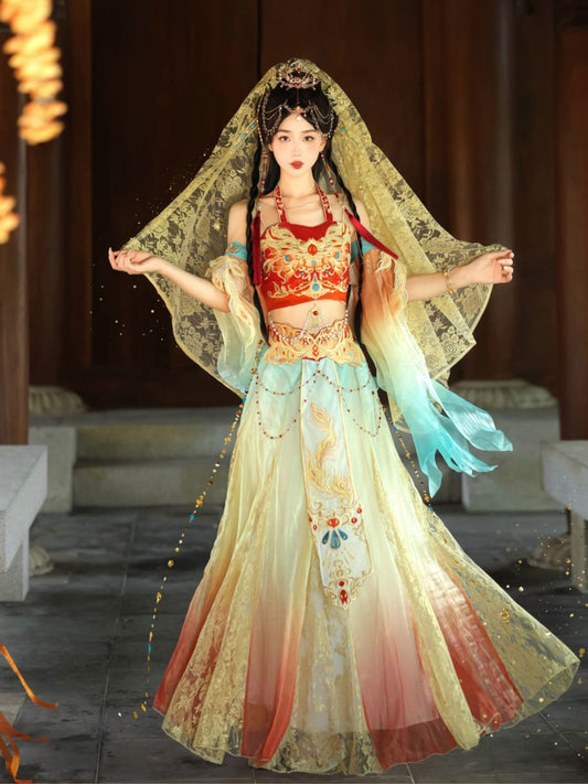 Muhua Original [Princess of the Western Regions] Hanfu Female Improved Exotic Wind Embroidery Tang Dunhuang Feitian Broken Skirt Set - AuraKin