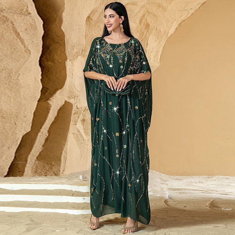 Morocco Dubai Heavy Industry Embroidered Bead Flower Cloak Dress Summer Celebrity Style Hand Sewn Three-dimen middle sional Flower Arabian Robe - AuraKin