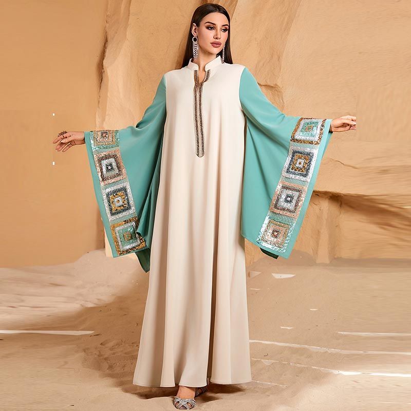 Saudi Arabia plus size robe V-neck apricot bat sleeve dress 100kg fat woman Dubai contrasting color dress middle - AuraKin