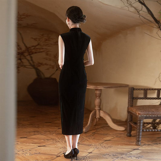 Retro Republic of China style velvet sleeveless cheongsam female old Shanghai Chinese high-end sense daily slim temperament embroidery young - AuraKin