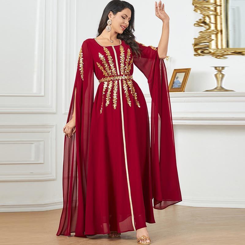 Middle East Dubai Party Dress Red Temperament Fashion Split Sleeve Dress Ethnic Bead Piece Embroidered Robe - AuraKin