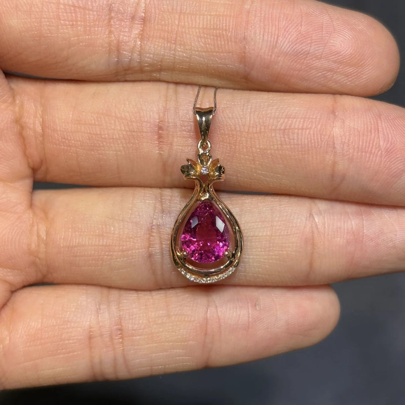 18k Gold Red Tourmaline Necklace with Water Drop Pink Rubilai and Diamond Magnolia Flower Pendant 7*10mm Custom - AuraKin