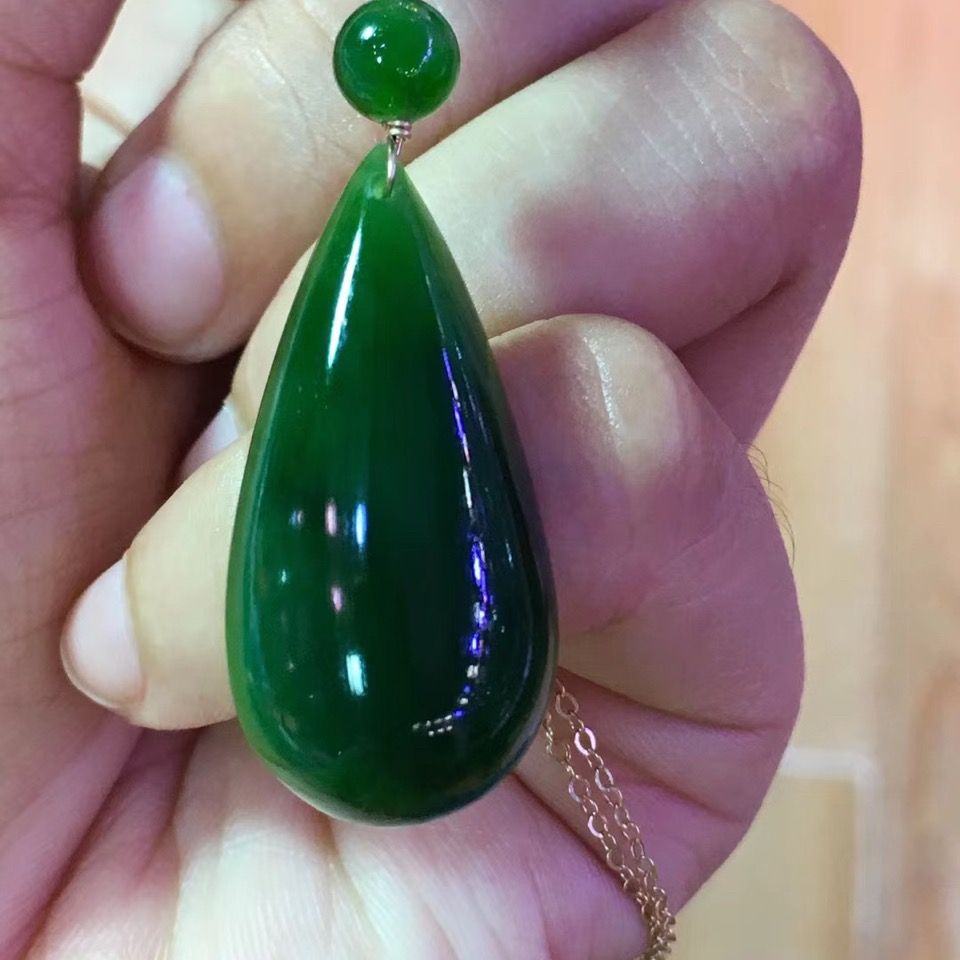 Natural Hetian jade jasper water drop pendant necklace rose gold spinach green egg surface necklace neck jewelry bag gift - AuraKin