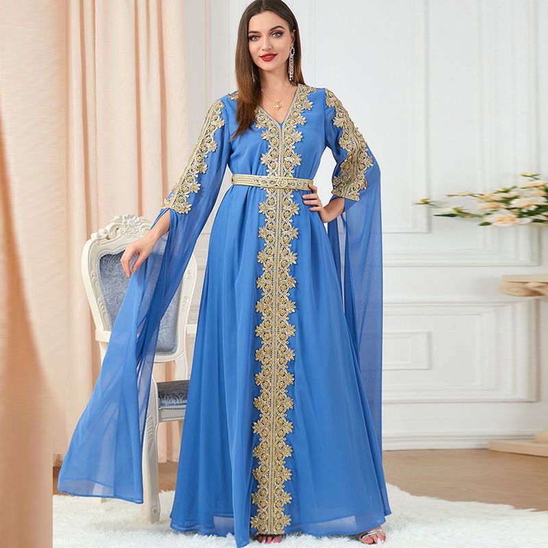 Middle East Dubai Arab Annual Meeting Party Dress Embroidery Beads Malaysia Clothing Super Long Sleeve High-end Robe - AuraKin