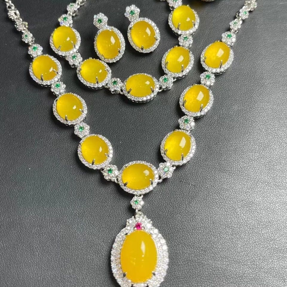 Natural Yellow Jade Luxury Necklace Set - Four-Piece Jadeite and Diamond Inlaid Collection - AuraKin