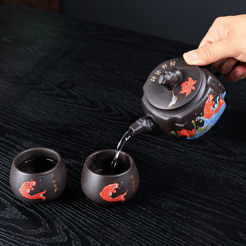 Raw ore purple clay pot color-changing square Pixiu teapot brocade future one pot two cups household kung fu tea set small set - AuraKin