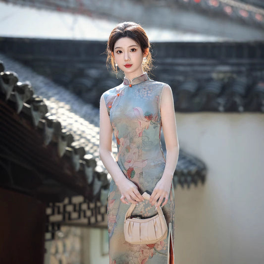 2025 spring new sleeveless national style oil painting printing cheongsam middle-aged and young people looking thin daily imitation acetic acid jacquard dress