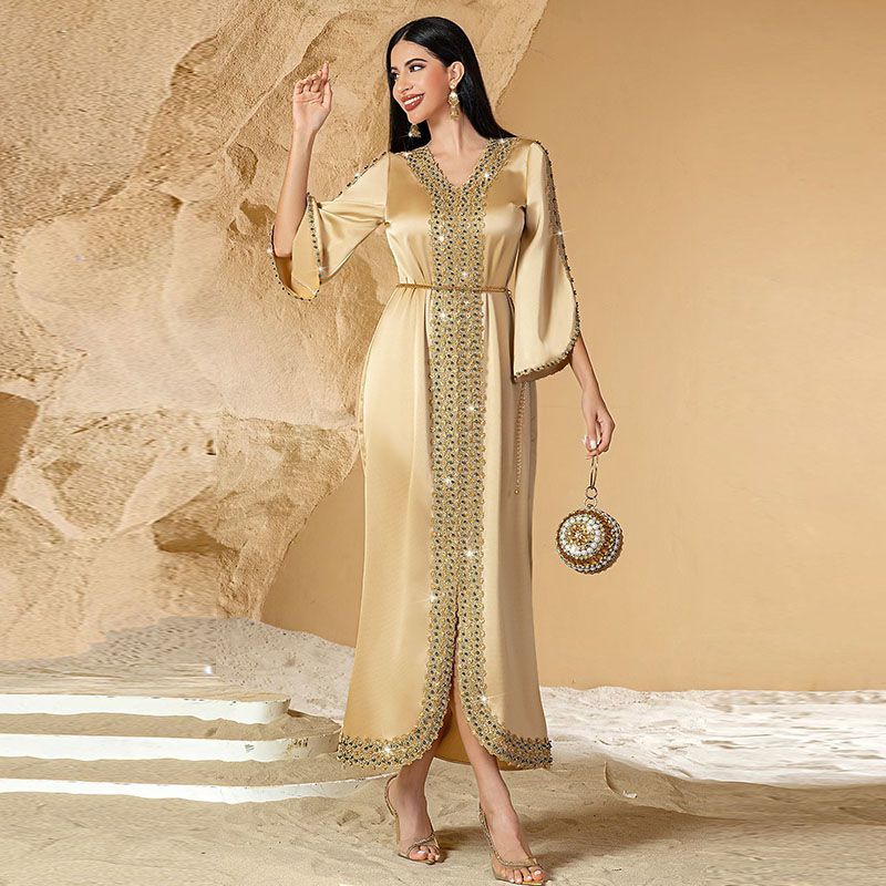 Middle Eastern Arabian Coral Pink Dress Long Dress V-Neck Hand Sewn Bead Long Sleeve Dress Dubai Robe with Belt - AuraKin