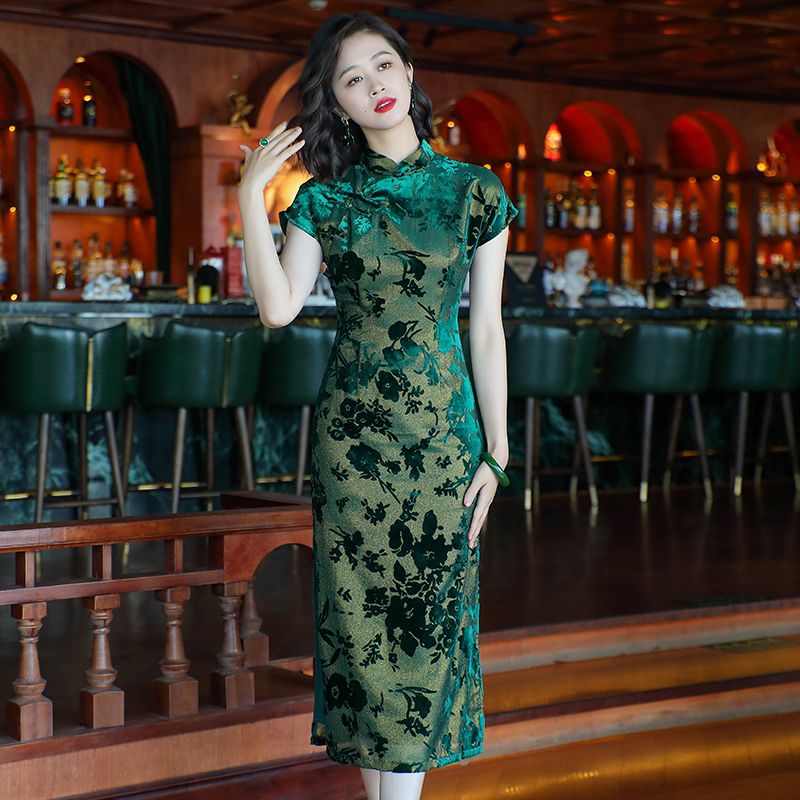 Emperor green elegant temperament cheongsam new retro Chinese style daily improvement mother dress 24287