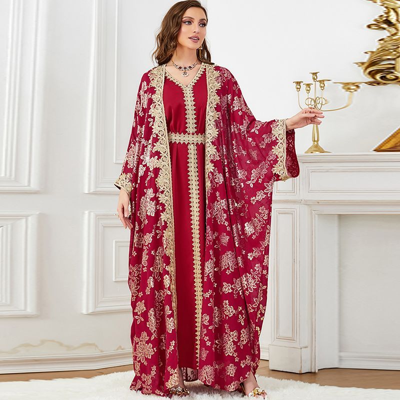 Turkey Dubai women's bronzing V-neck two-piece robe summer dress temperament luxury dress Malay travel dress middle - AuraKin