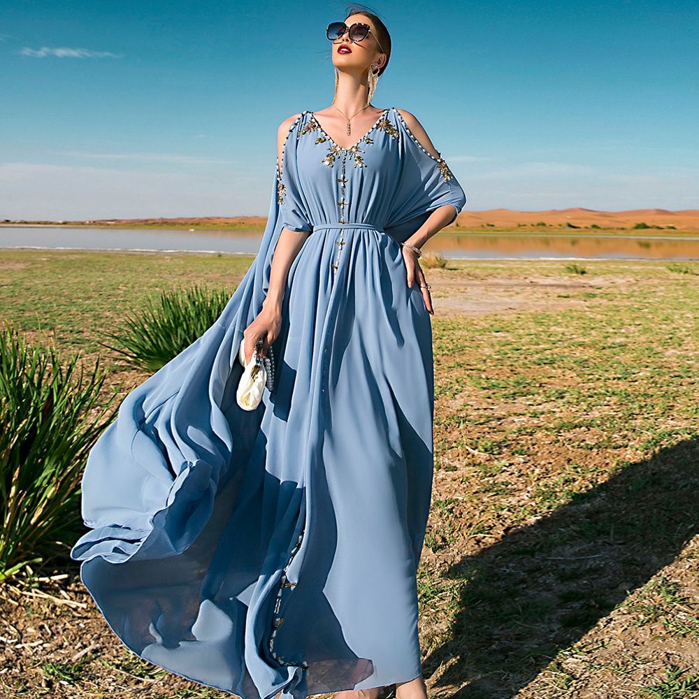 Saudi Arabia women's off-the-shoulder dress Dubai noble V-neck robe exquisite hand-sewn diamond Xinjiang dress middle - AuraKin