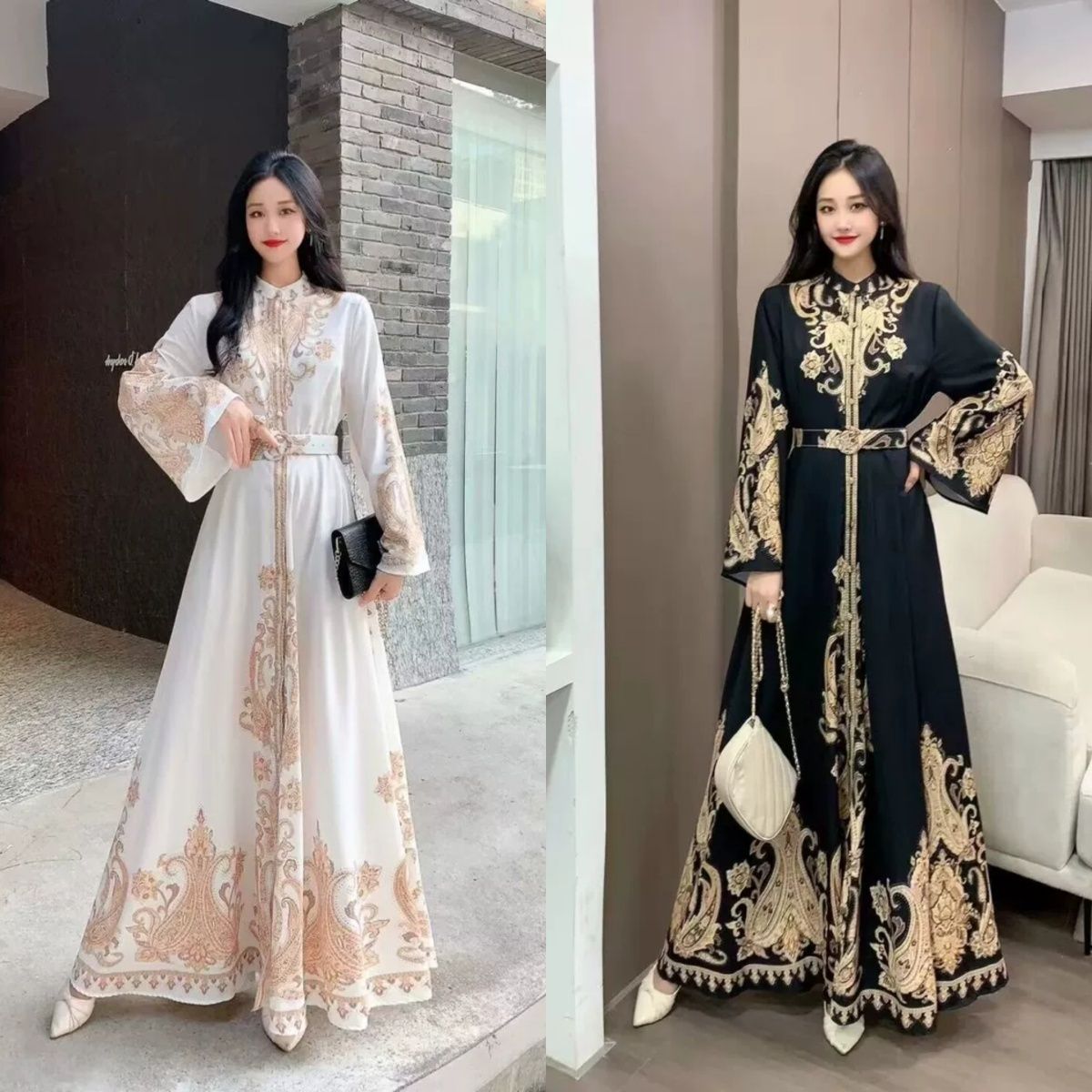 European and American court retro style lantern sleeves single-breasted shirt skirt women's autumn color matching printing big pendulum long dress - AuraKin