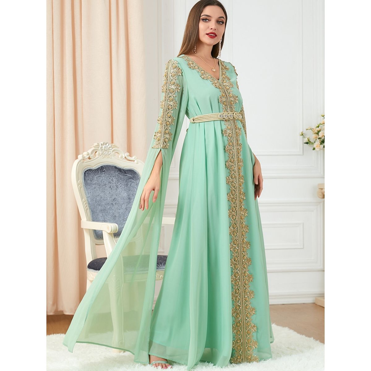 New Middle East Dubai women's clothing splicing super long-sleeved autumn women's clothing abaya dress dress [Shipped within 15 days] - AuraKin