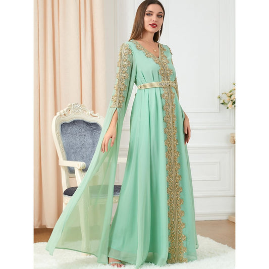 New Middle East Dubai women's clothing splicing super long-sleeved autumn women's clothing abaya dress dress [Shipped within 15 days] - AuraKin