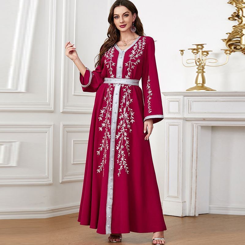2024 New Summer Middle East Dubai Clothing V-Neck Embroidered Long Turkish Dress Waist Temperament Long Dress [Shipped within 15 days] - AuraKin